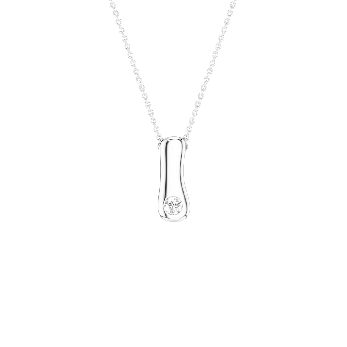 A silver pendant necklace featuring a polished, vertically oriented capsule-shaped pendant with a single round clear gemstone, suspended from a delicate silver chain against a solid white background.
