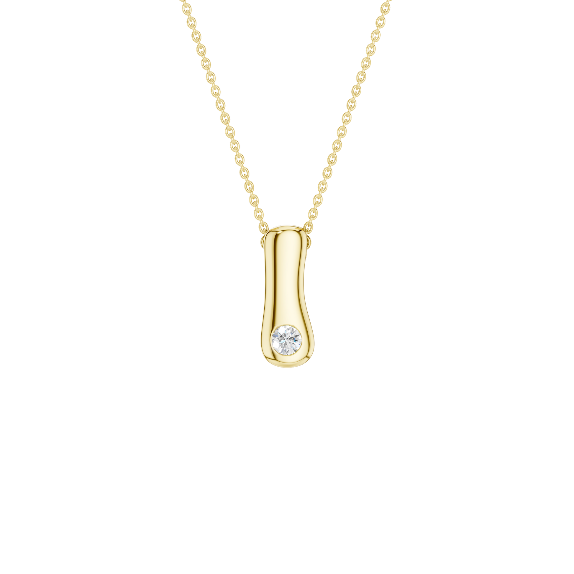 A product shot of a yellow gold necklace featuring a fine cable chain attached to the top edge of a smooth, bubble-font letter 'I' pendant. The polished gold 'I' is embellished with a single sparkling, flush-set round diamond positioned near the bottom of its vertical shape.