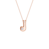 A rose gold initial pendant necklace featuring the letter 'J' adorned with two clear round-cut gemstones, suspended from a delicate matching chain against a solid white background.