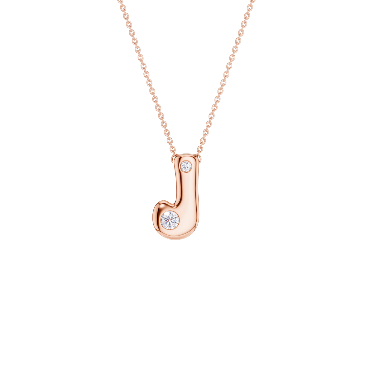 A rose gold initial pendant necklace featuring the letter 'J' adorned with two clear round-cut gemstones, suspended from a delicate matching chain against a solid white background.