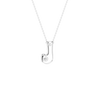 A silver initial pendant necklace featuring the letter 'J' adorned with a small floral design and a tiny round gemstone, suspended from a delicate silver ball chain against a solid white background.