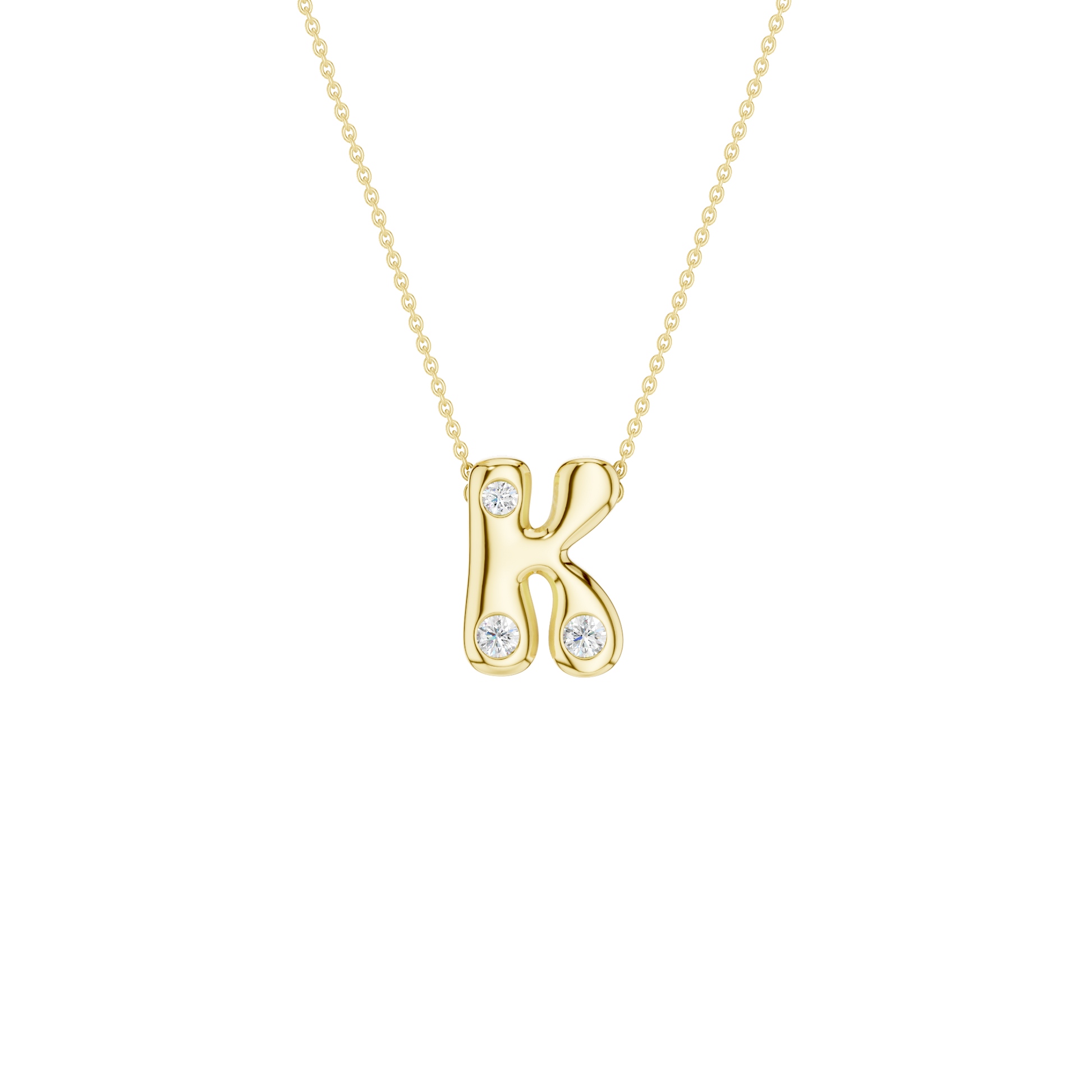 Modern 14k yellow gold bubble letter K initial necklace studded with three brilliant round-cut flush-set white diamonds on a delicate cable chain.