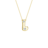 Modern 14k yellow gold bubble letter L initial necklace studded with two brilliant round-cut flush-set white diamonds on a delicate cable chain.