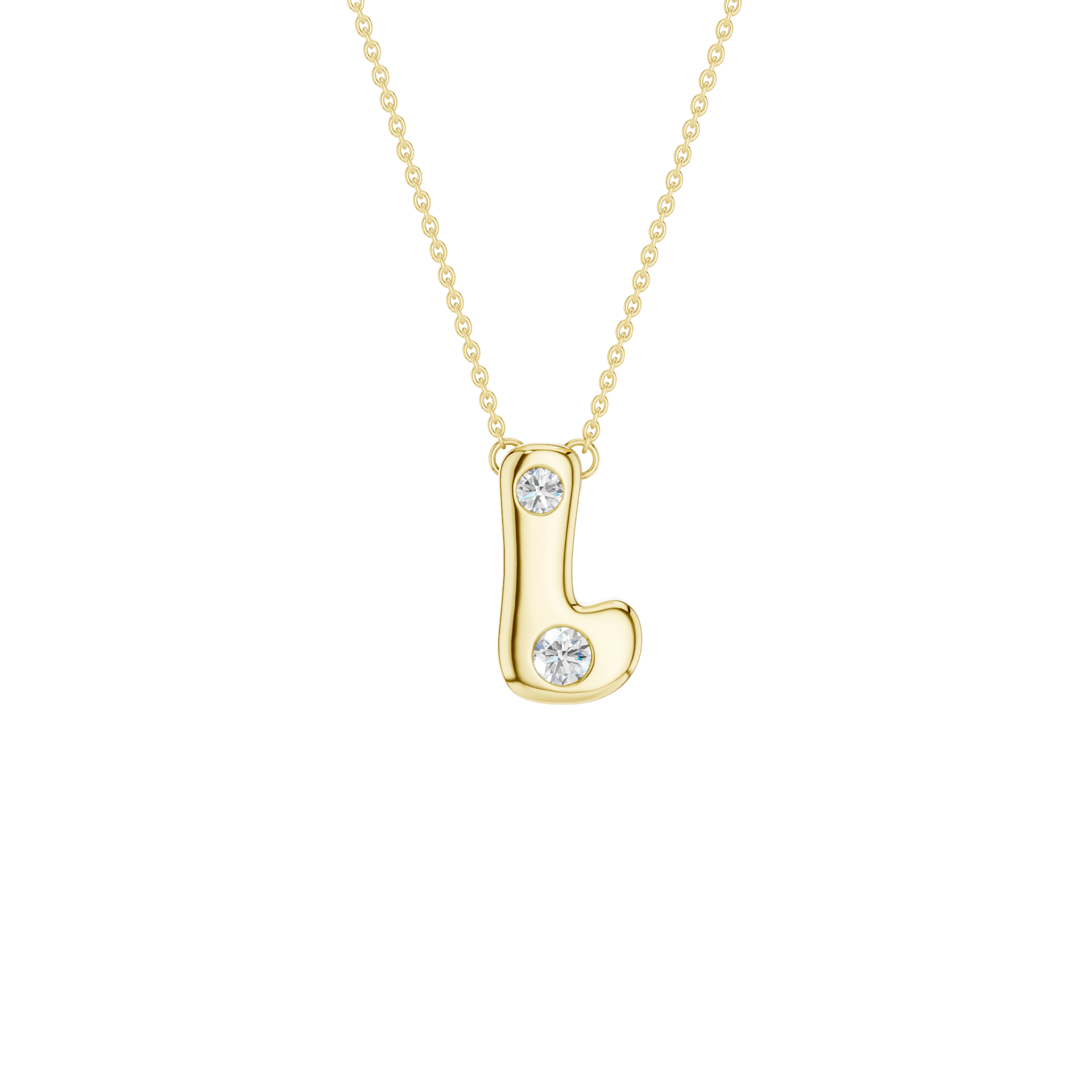 Modern 14k yellow gold bubble letter L initial necklace studded with two brilliant round-cut flush-set white diamonds on a delicate cable chain.