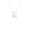A silver initial necklace featuring the letter 'M' with two small clear gemstones set into the lower portions of the letter, suspended from a delicate silver chain against a solid white background.
