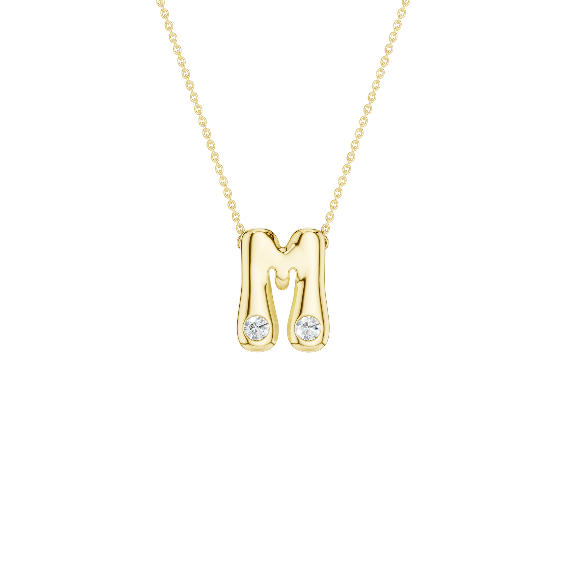 Modern 14k yellow gold bubble letter M initial necklace studded with two brilliant round-cut flush-set white diamonds on a delicate cable chain.