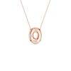 A rose gold oval pendant necklace featuring a cutout center and three small clear gemstones, suspended from a delicate matching chain against a solid white background.