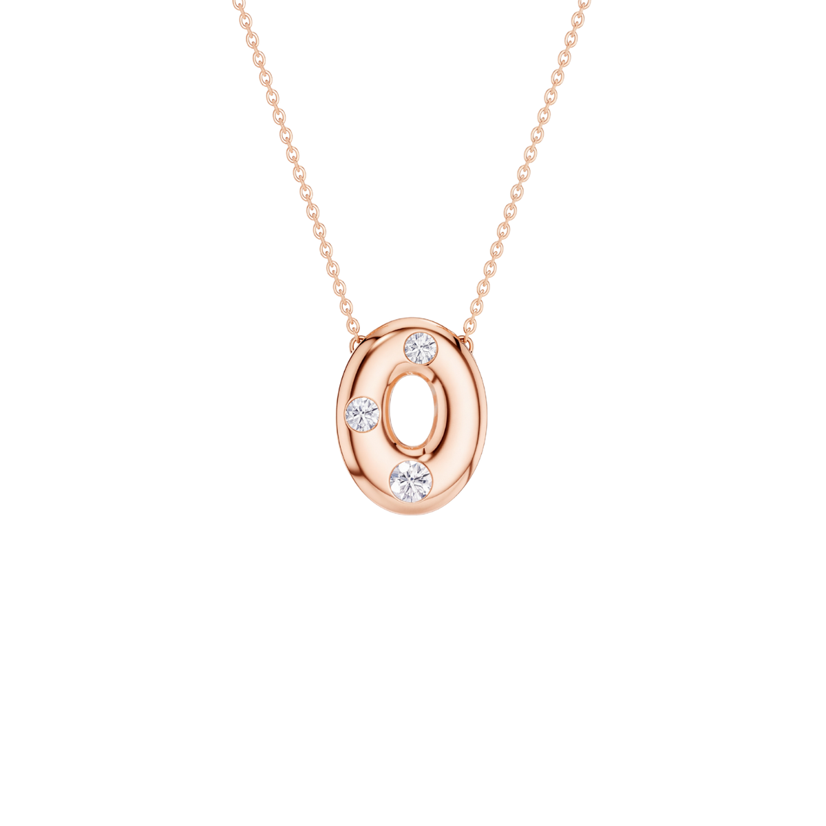 A rose gold oval pendant necklace featuring a cutout center and three small clear gemstones, suspended from a delicate matching chain against a solid white background.