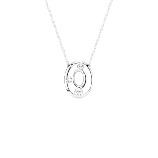 A silver oval pendant necklace with three small clear gemstone clusters, suspended from a delicate silver ball chain against a solid white background.