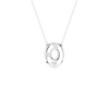 A silver oval pendant necklace with three small clear gemstone clusters, suspended from a delicate silver ball chain against a solid white background.