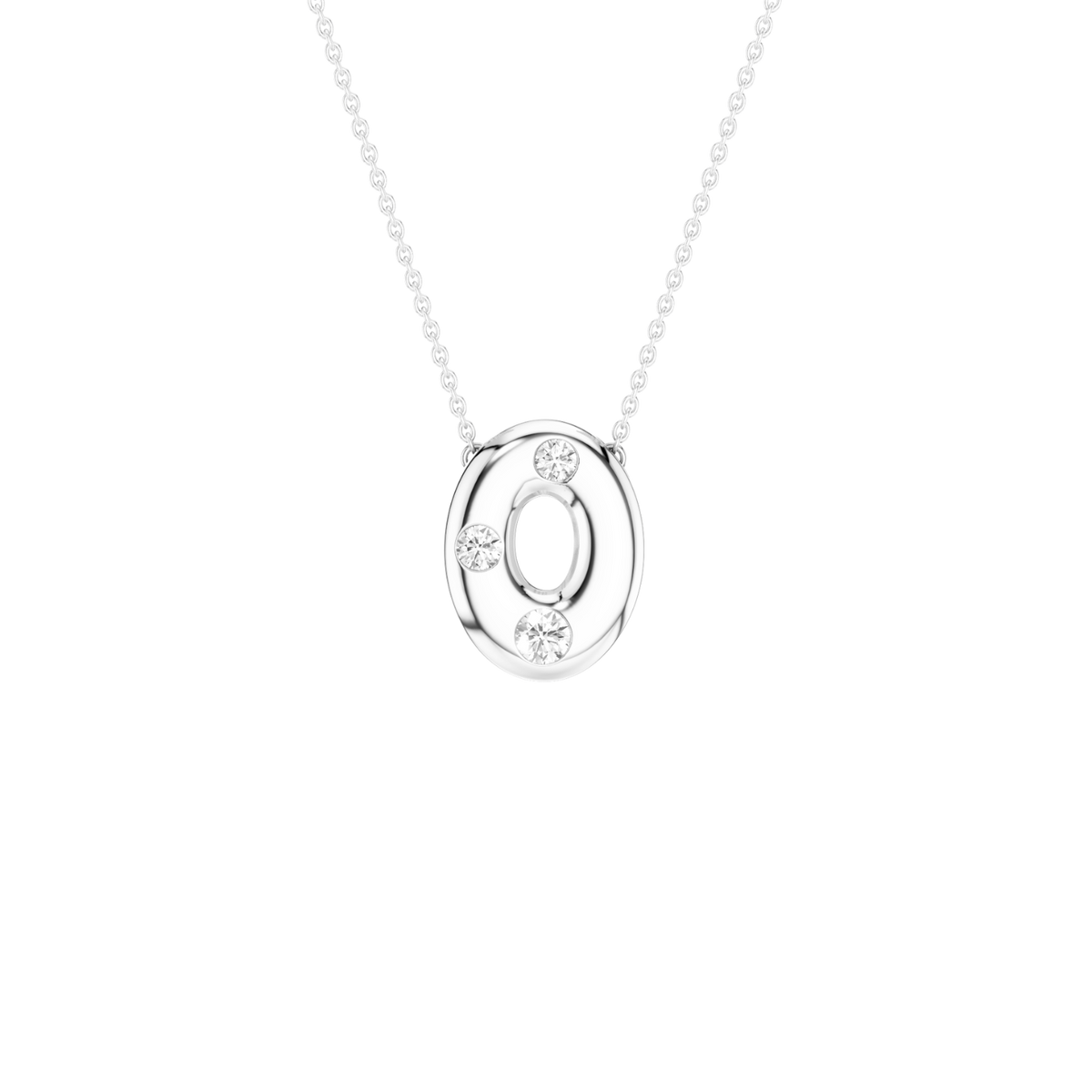 A silver oval pendant necklace with three small clear gemstone clusters, suspended from a delicate silver ball chain against a solid white background.