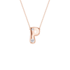 A rose gold initial pendant necklace featuring the letter 'P' adorned with two small clear gemstones, suspended from a delicate matching chain against a solid white background.