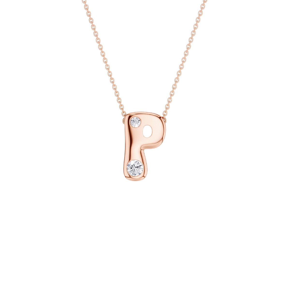 A rose gold initial pendant necklace featuring the letter 'P' adorned with two small clear gemstones, suspended from a delicate matching chain against a solid white background.