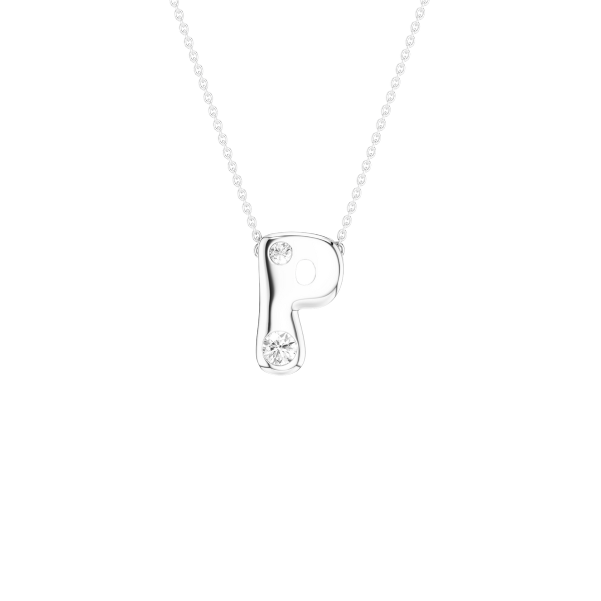 A silver initial pendant necklace featuring the letter 'P' adorned with three small clear gemstones, suspended from a delicate silver ball chain against a solid white background.