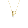 A product shot of a yellow gold necklace featuring a fine cable chain attached to the top edge of a smooth, bubble-font letter 'P' pendant. The polished gold 'P' is embellished with two sparkling, flush-set round diamonds: one placed on the upper left curve, and a slightly larger one positioned at the bottom of the vertical stem.