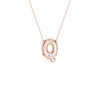 A rose gold initial necklace featuring the letter 'Q' pendant adorned with four small clear gemstones, suspended from a delicate matching chain against a solid white background.