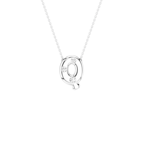 A silver initial necklace featuring the letter 'Q' adorned with small clear stones, suspended from a delicate silver ball chain against a solid white background.