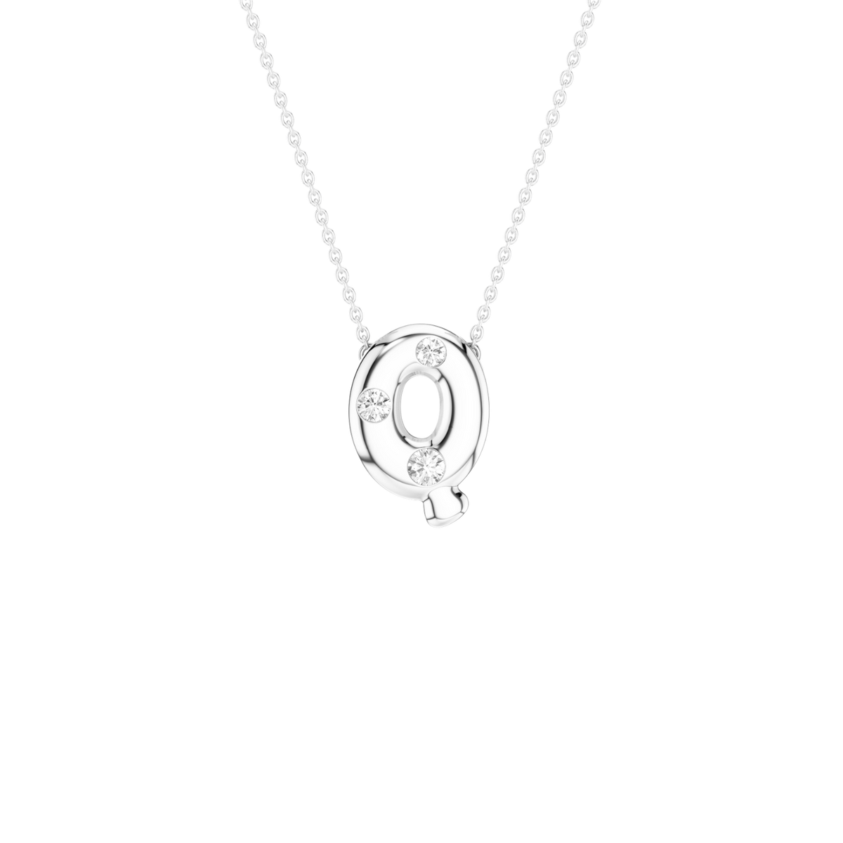 A silver initial necklace featuring the letter 'Q' adorned with small clear stones, suspended from a delicate silver ball chain against a solid white background.