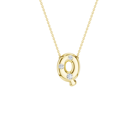 A product shot of a yellow gold necklace featuring a fine cable chain attached to the top edge of a smooth, bubble-font letter 'Q' pendant. The polished gold 'Q' is embellished with three sparkling, flush-set round diamonds placed along its circular curves, and features a small, rounded tail extending from the bottom right.