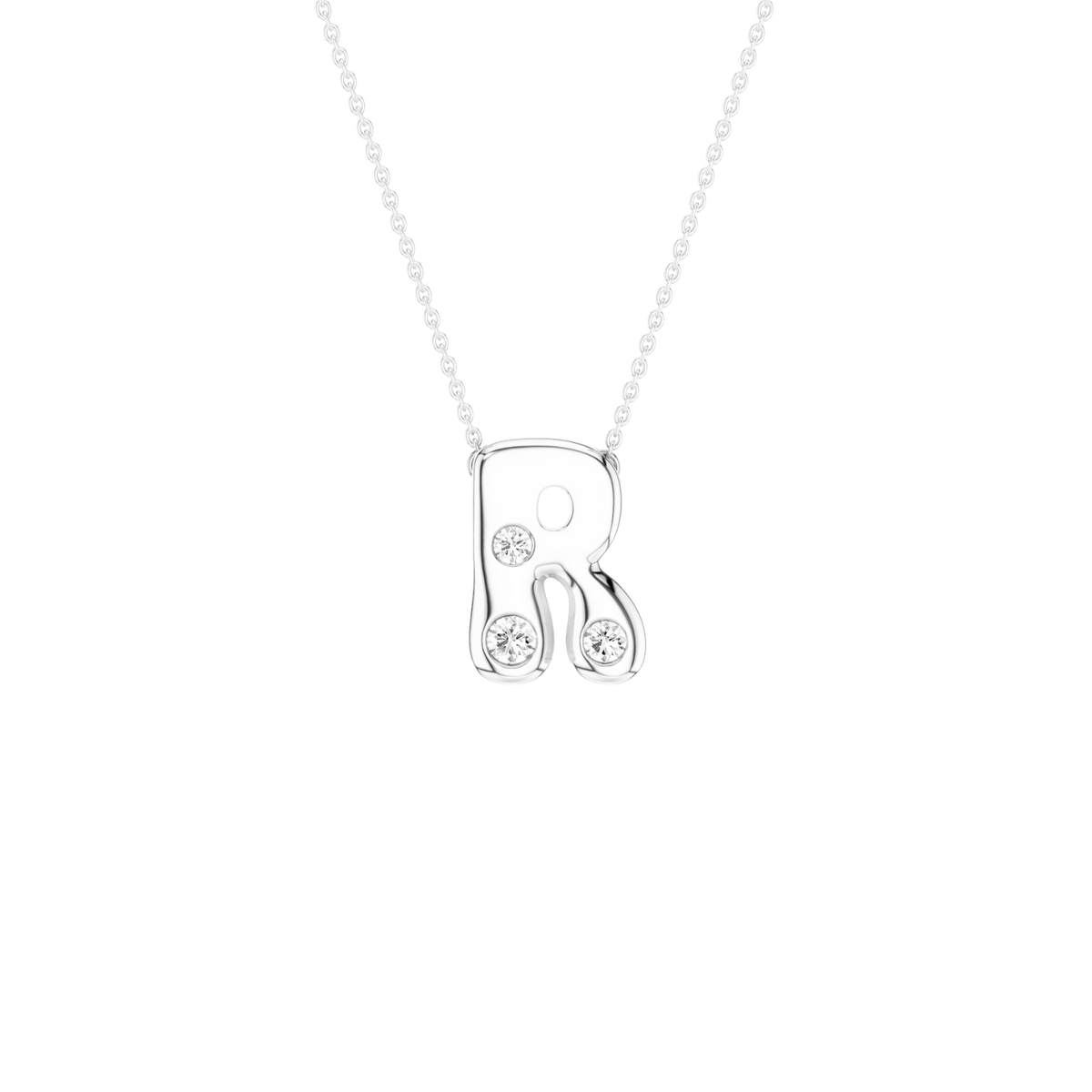 A rose gold initial necklace featuring the letter 'R' adorned with three small clear round-cut gemstones, suspended from a delicate matching chain against a solid white background.
