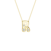 Modern 14k yellow gold bubble letter R initial necklace studded with three brilliant round-cut flush-set white diamonds on a delicate cable chain.
