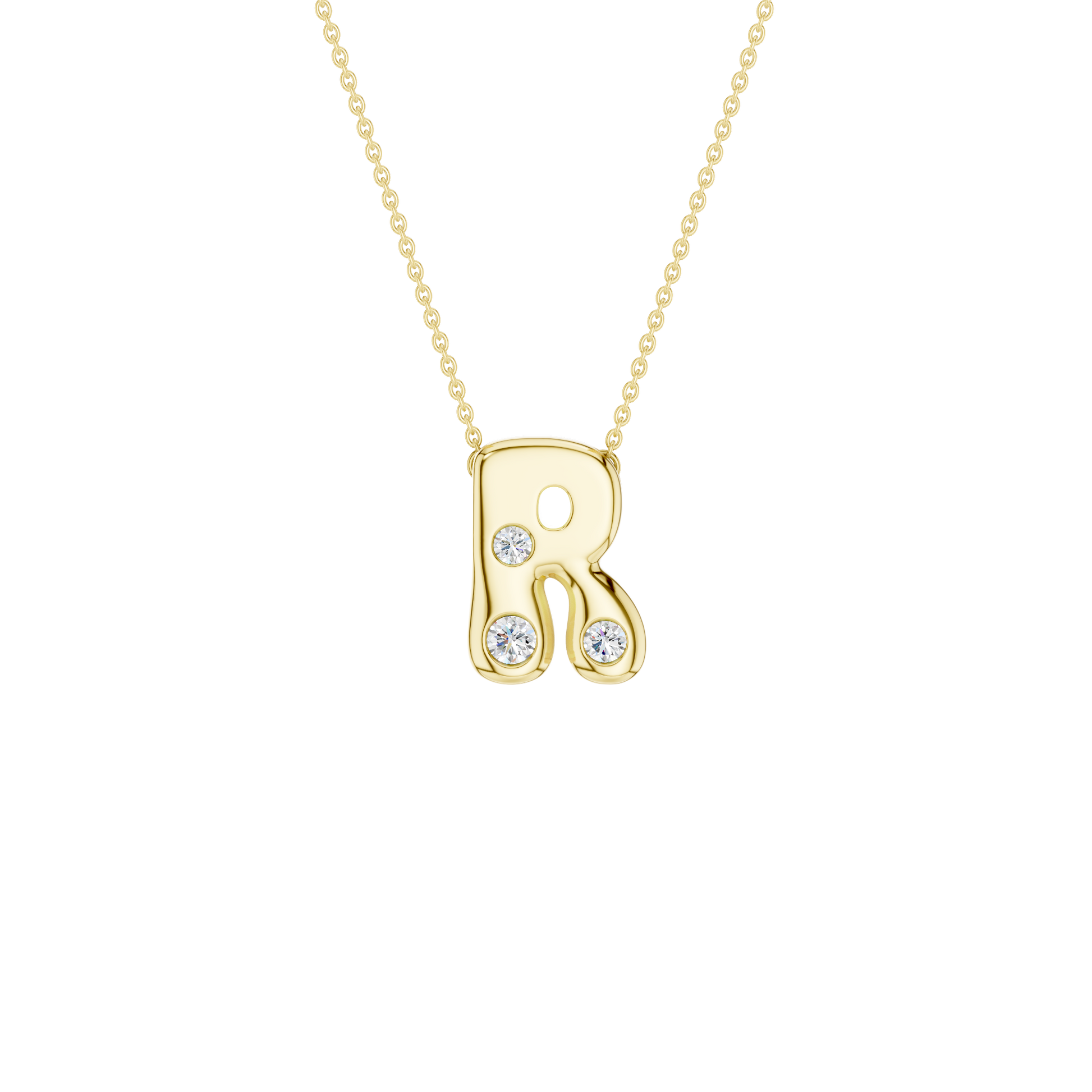 Modern 14k yellow gold bubble letter R initial necklace studded with three brilliant round-cut flush-set white diamonds on a delicate cable chain.