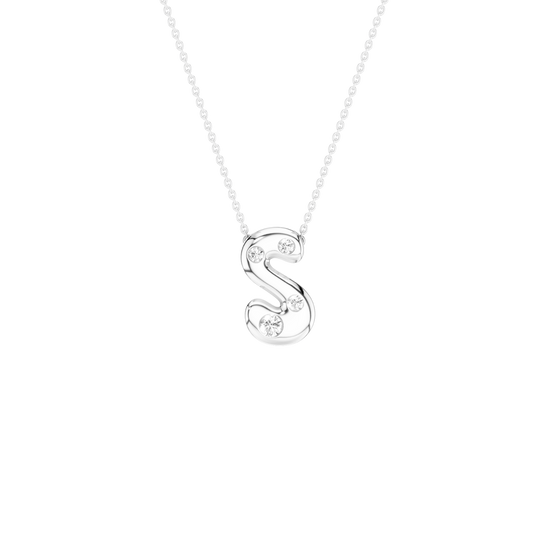 A silver initial necklace featuring the letter 'S' adorned with small clear stones, suspended from a delicate silver ball chain against a solid white background.