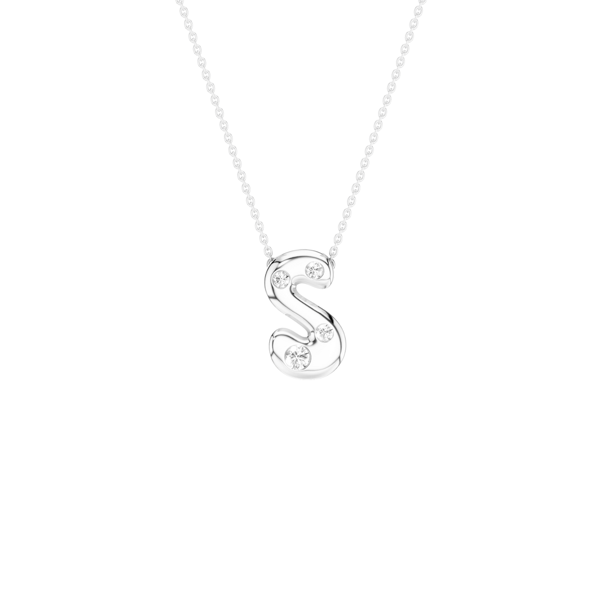 A silver initial necklace featuring the letter 'S' adorned with small clear stones, suspended from a delicate silver ball chain against a solid white background.