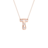 A rose gold initial necklace featuring the letter 'T' adorned with three clear round-cut gemstones, suspended from a delicate matching chain against a solid white background.