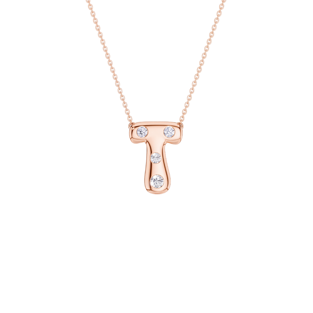 A rose gold initial necklace featuring the letter 'T' adorned with three clear round-cut gemstones, suspended from a delicate matching chain against a solid white background.