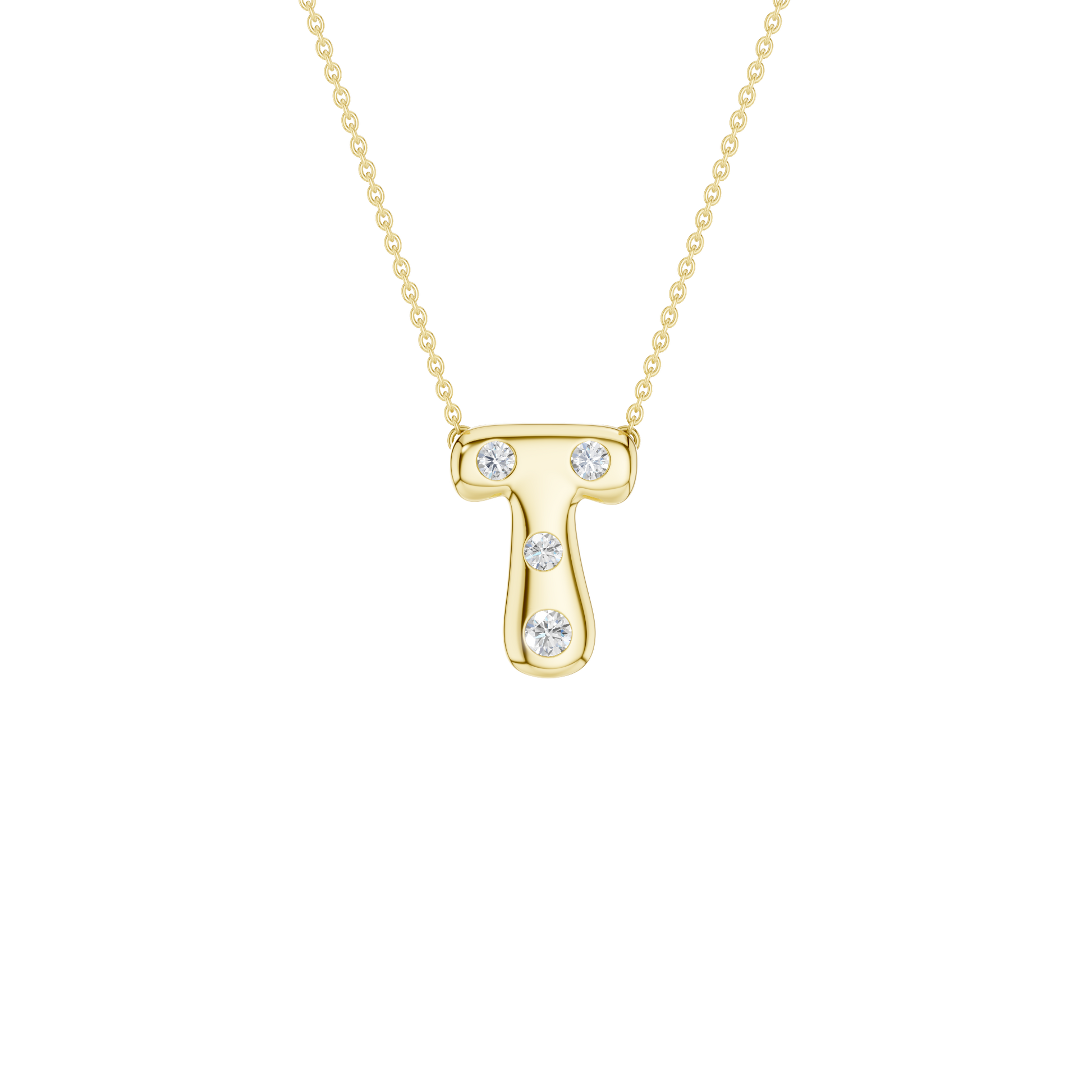 A product shot of a yellow gold necklace featuring a fine cable chain attached to the top edge of a smooth, bubble-font letter 'T' pendant. The polished gold 'T' is embellished with four sparkling, flush-set round diamonds: two placed along the top horizontal bar, and two spaced descending down the central vertical stem.