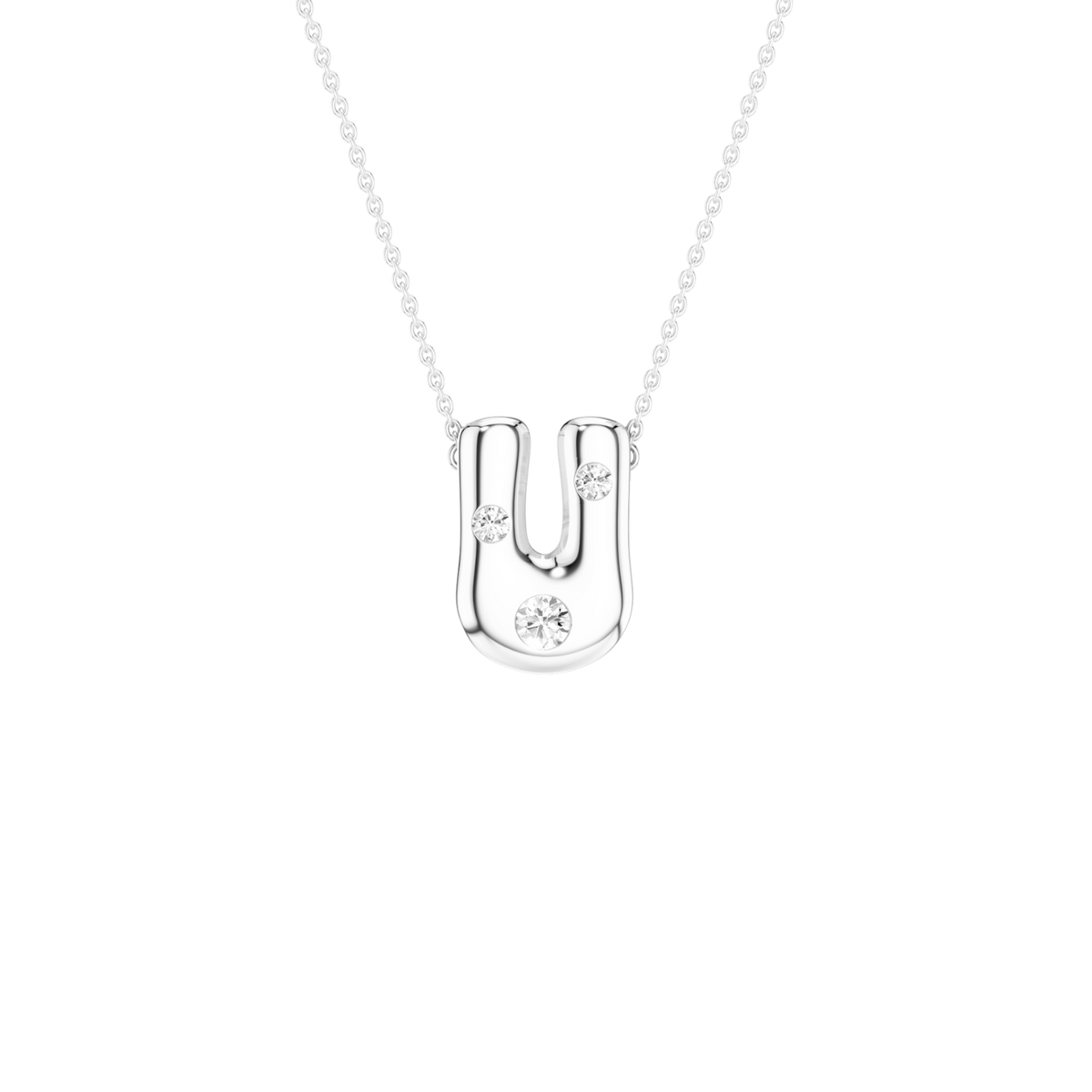 A silver U-shaped pendant necklace with three small clear gemstones, shown on a delicate silver chain against a solid white background.