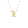 A product shot of a yellow gold necklace featuring a fine cable chain attached to the top curves of a smooth, bubble-font letter 'U' pendant. The polished gold 'U' is embellished with three sparkling, flush-set round diamonds: one situated on each of the vertical stems, and a slightly larger one centered on the bottom curve
