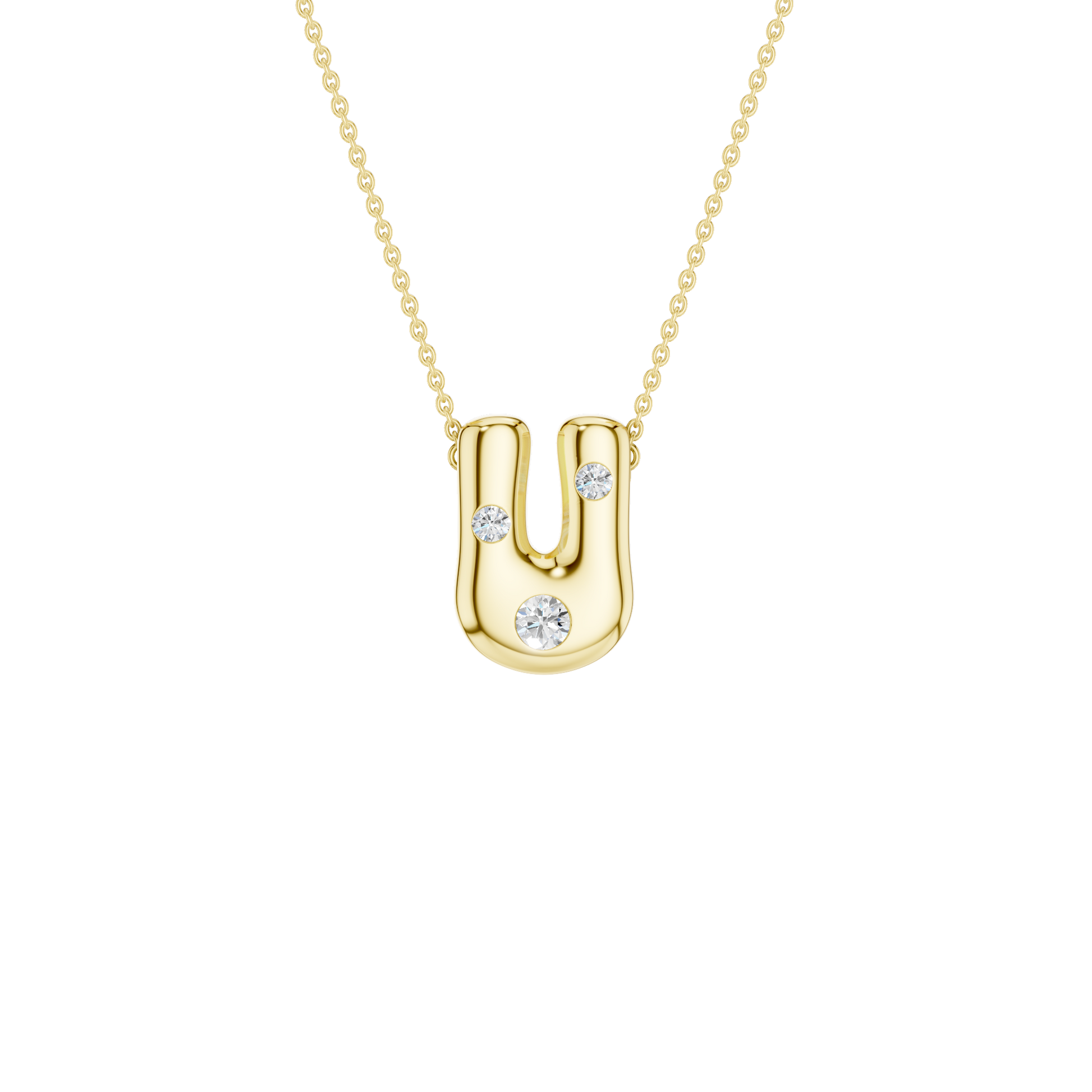 A product shot of a yellow gold necklace featuring a fine cable chain attached to the top curves of a smooth, bubble-font letter 'U' pendant. The polished gold 'U' is embellished with three sparkling, flush-set round diamonds: one situated on each of the vertical stems, and a slightly larger one centered on the bottom curve