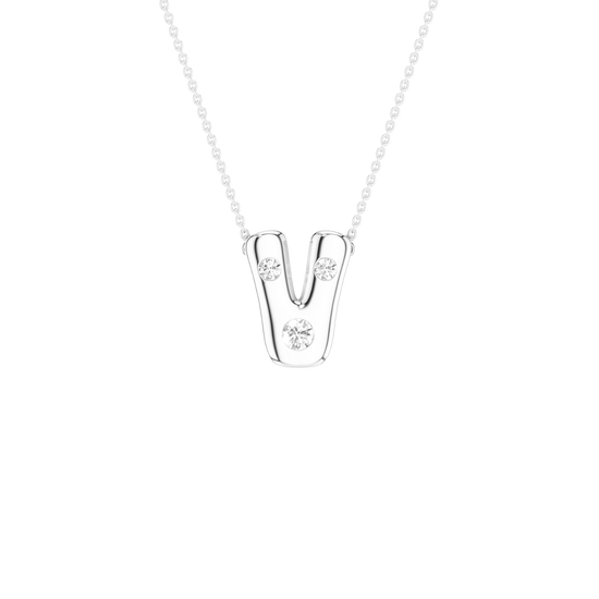 A silver letter 'V' initial pendant necklace with three clear round-cut gemstones, suspended from a delicate silver ball chain against a solid white background.