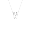A silver letter 'V' initial pendant necklace with three clear round-cut gemstones, suspended from a delicate silver ball chain against a solid white background.