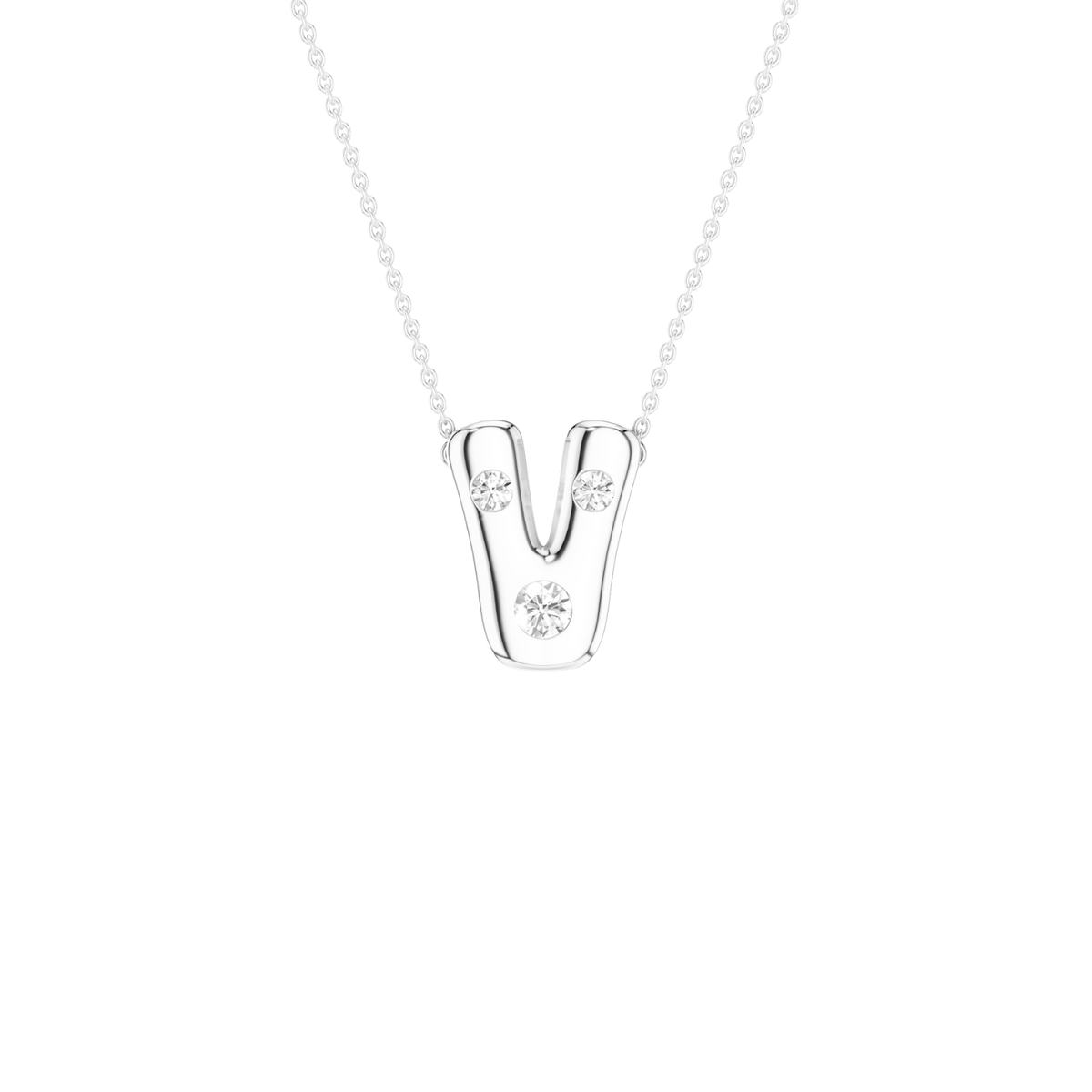A silver letter 'V' initial pendant necklace with three clear round-cut gemstones, suspended from a delicate silver ball chain against a solid white background.