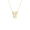 A product shot of a yellow gold necklace featuring a fine cable chain attached to the top curves of a smooth, bubble-font letter 'V' pendant. The polished gold 'V' is embellished with three sparkling, flush-set round diamonds: one situated on each of the top tips, and one at the bottom point.