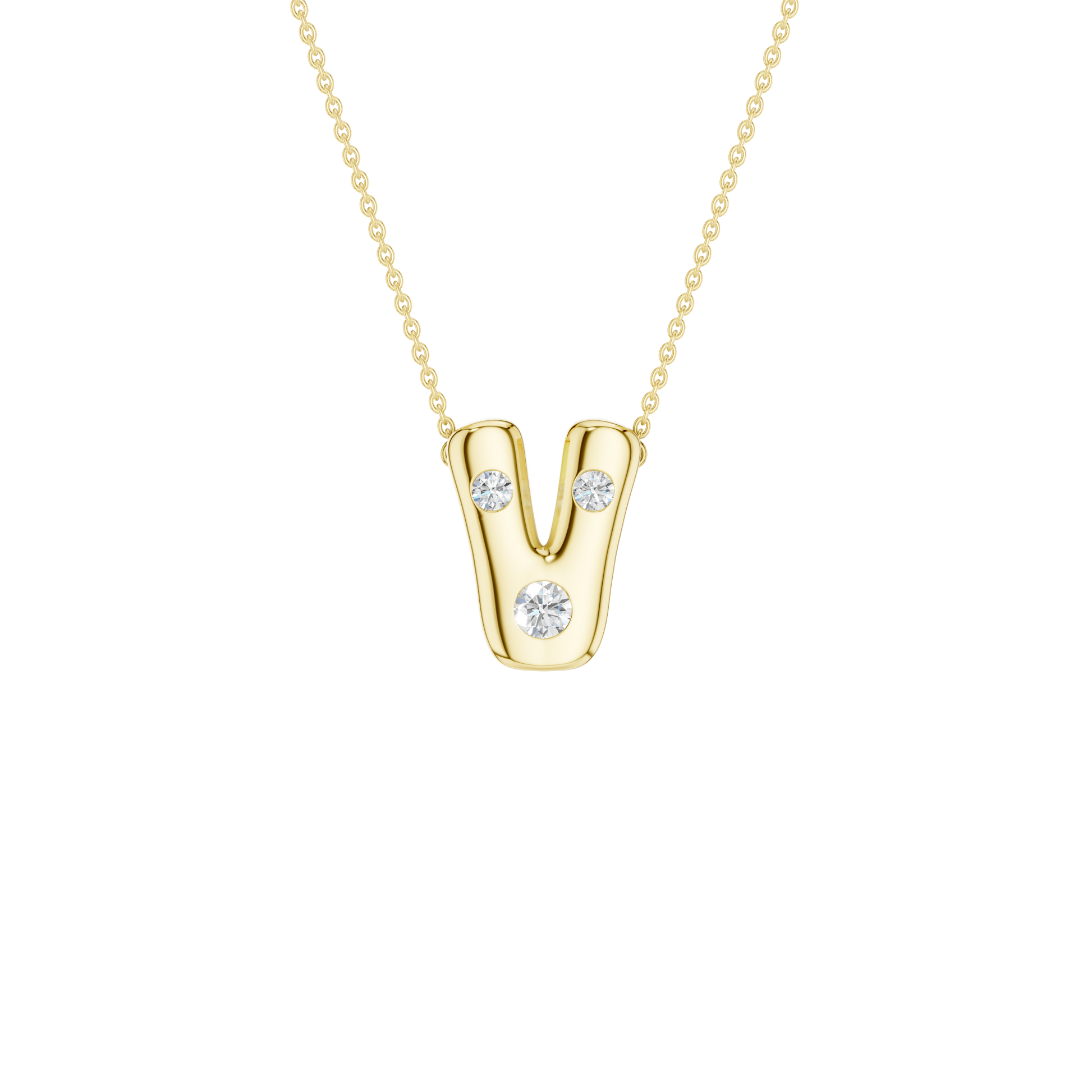 A product shot of a yellow gold necklace featuring a fine cable chain attached to the top curves of a smooth, bubble-font letter 'V' pendant. The polished gold 'V' is embellished with three sparkling, flush-set round diamonds: one situated on each of the top tips, and one at the bottom point.
