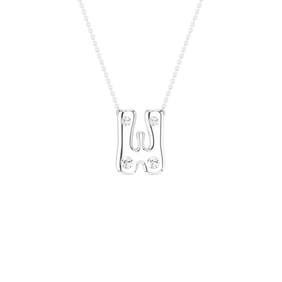 A silver initial pendant necklace spelling 'H', adorned with small clear gemstones, suspended from a delicate silver chain against a solid white background.
