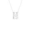 A silver initial pendant necklace spelling 'H', adorned with small clear gemstones, suspended from a delicate silver chain against a solid white background.