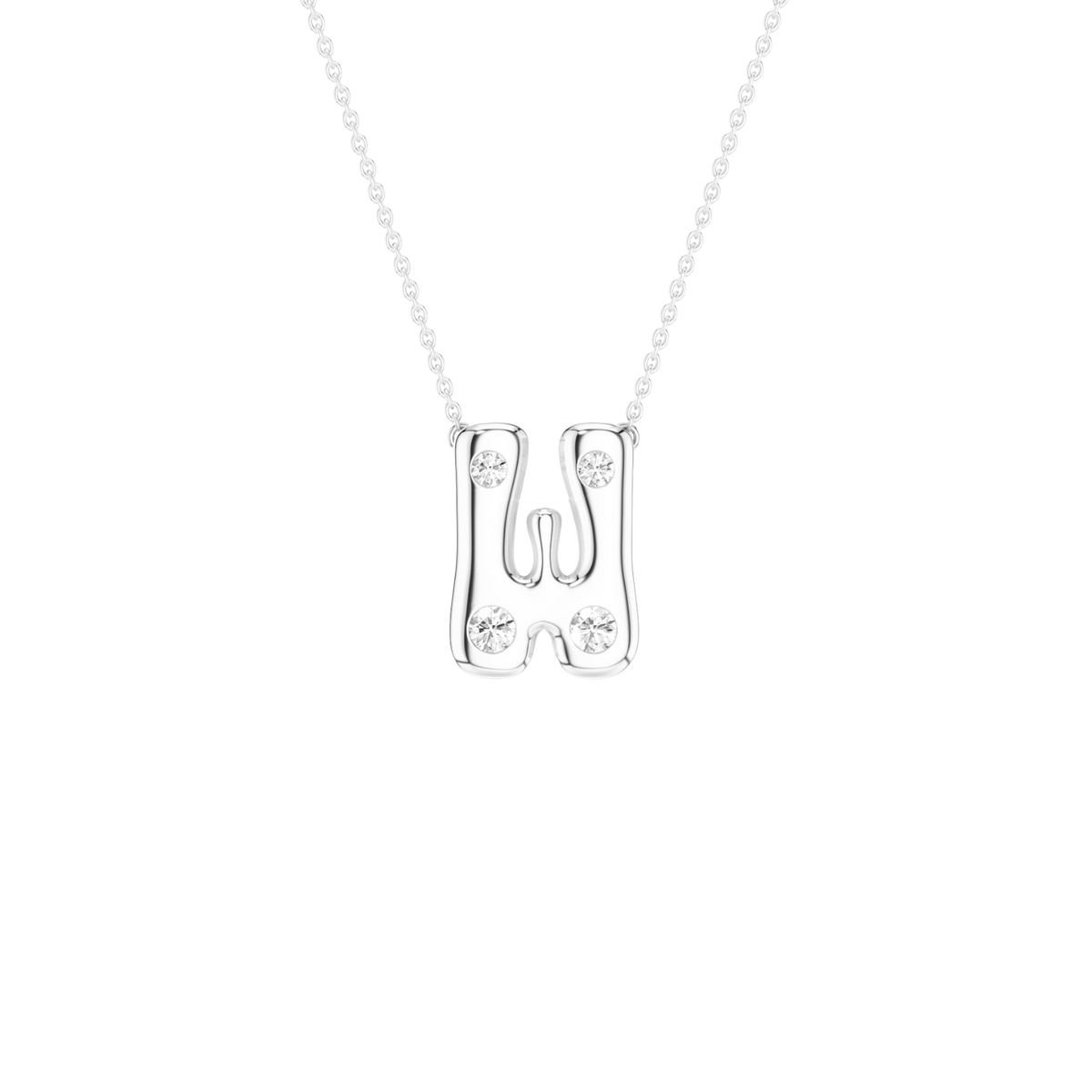 A silver initial pendant necklace spelling 'H', adorned with small clear gemstones, suspended from a delicate silver chain against a solid white background.