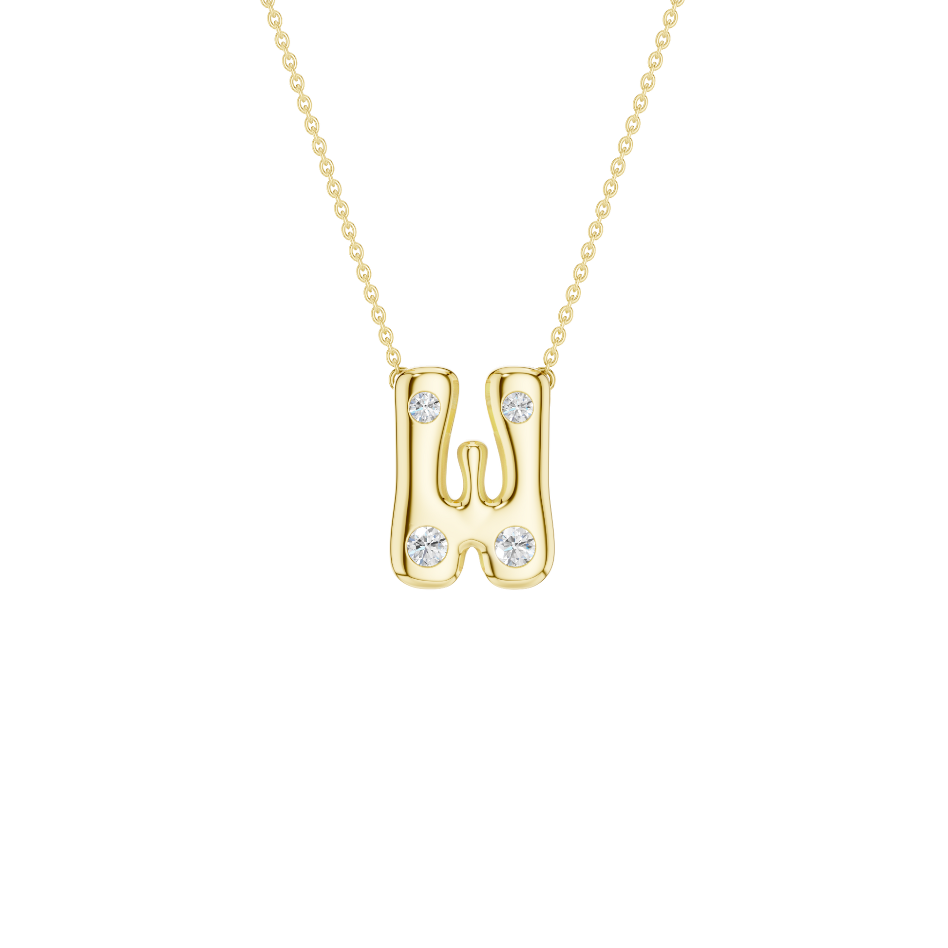A product shot of a yellow gold necklace featuring a fine cable chain attached to the top peaks of a smooth, bubble-font letter 'W' pendant. The polished gold 'W' is embellished with four sparkling, flush-set round diamonds strategically placed along its rounded peaks and curves.