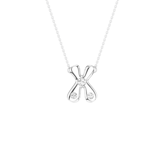 A silver pendant necklace featuring an X-shaped design with two small round clear gemstones, suspended from a delicate silver chain against a solid white background.