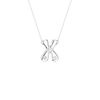 A silver pendant necklace featuring an X-shaped design with two small round clear gemstones, suspended from a delicate silver chain against a solid white background.