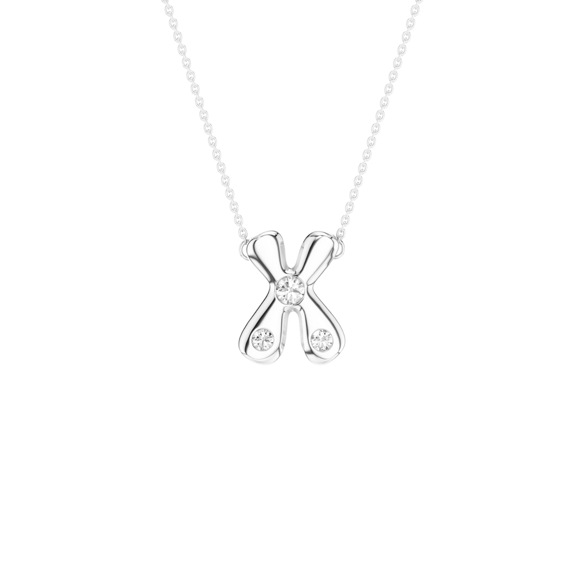 A silver pendant necklace featuring an X-shaped design with two small round clear gemstones, suspended from a delicate silver chain against a solid white background.