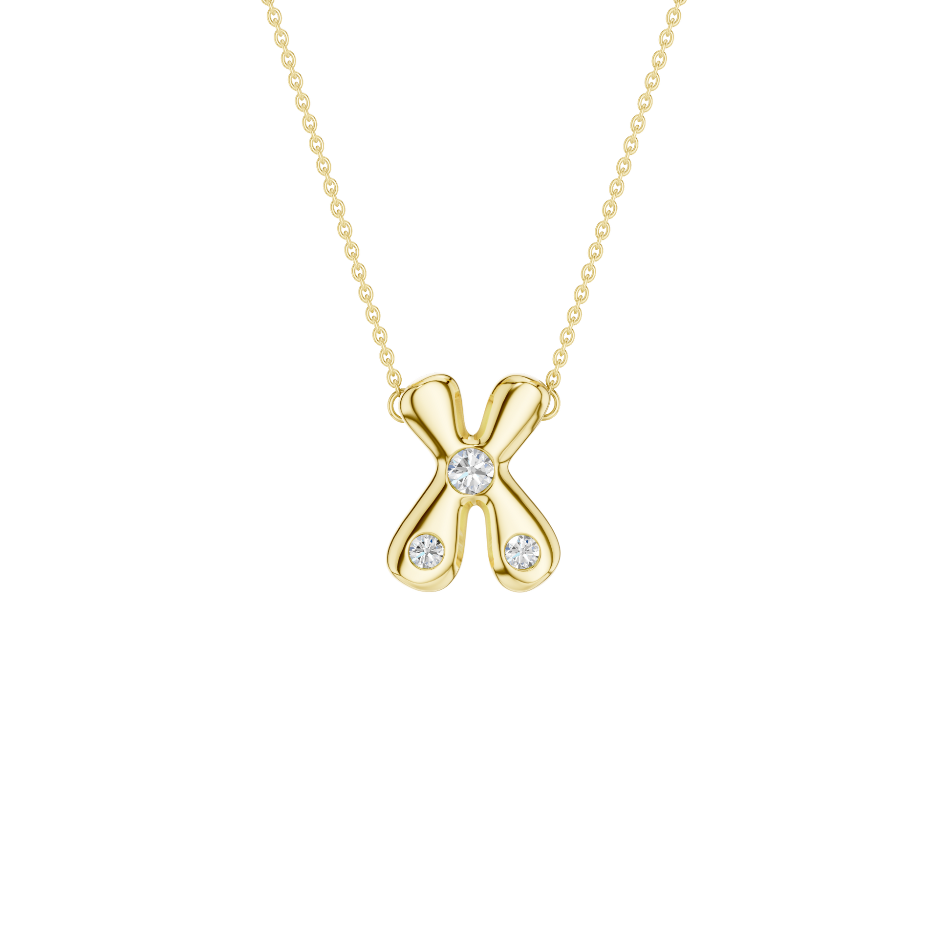 A product shot of a yellow gold necklace featuring a fine cable chain attached to the top arms of a smooth, bubble-font letter 'X' pendant. The polished gold 'X' is embellished with three sparkling, flush-set round diamonds: one situated perfectly in the center cross, and one on each of the bottom legs.