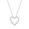 Zoomed in front view of a petite diamond heart pendant necklace in white gold, featuring a smaller open-heart silhouette outlined with brilliant-cut diamonds on a fine chain.