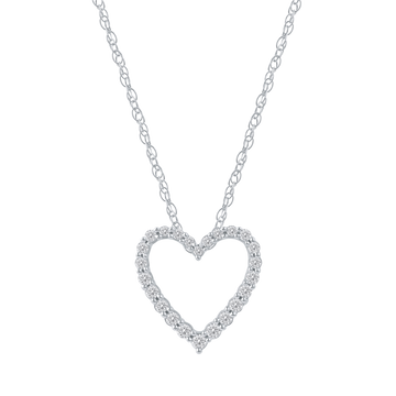 Zoomed in front view of a petite diamond heart pendant necklace in white gold, featuring a smaller open-heart silhouette outlined with brilliant-cut diamonds on a fine chain.
