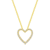 Zoomed in front view of a petite diamond heart pendant necklace in yellow gold, featuring a smaller open-heart design outlined with sparkling diamonds.